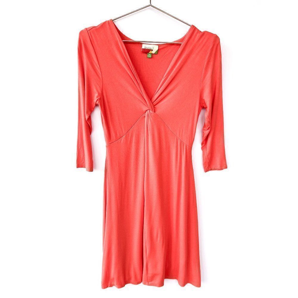Modcloth Fervour Coral Pink Quarter Sleeve V Neck Twisted Front Dress